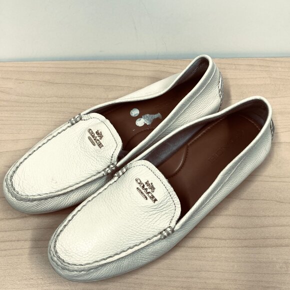Coach Mary Lock Up Loafers, Size 9 B Ivory Cream Pebbled Leather Moccasins Shoes - Picture 1 of 9